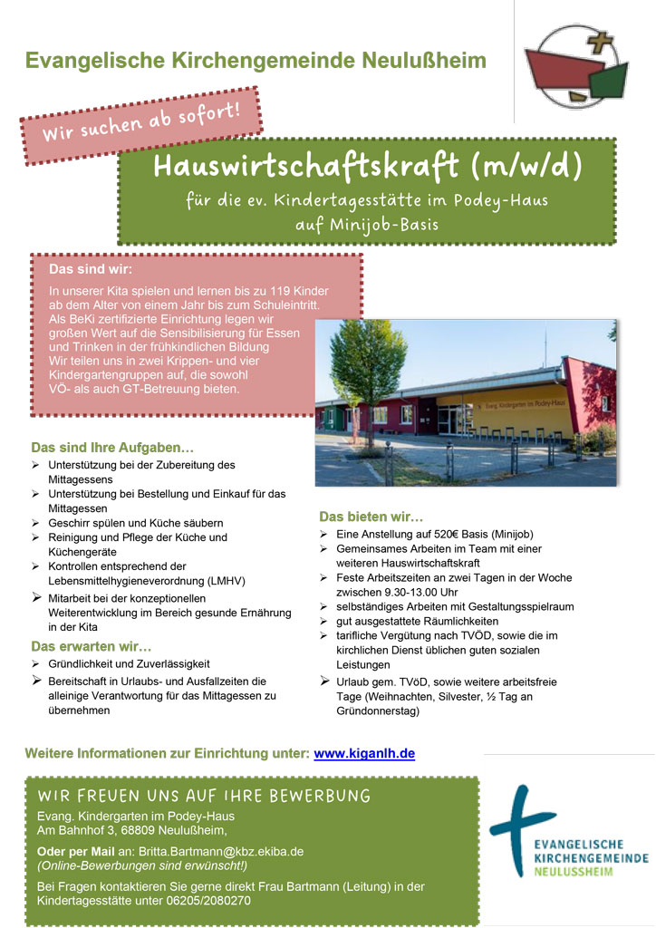 Wirtschaftskraft für Evang. Kindergarten im Podey-Haus