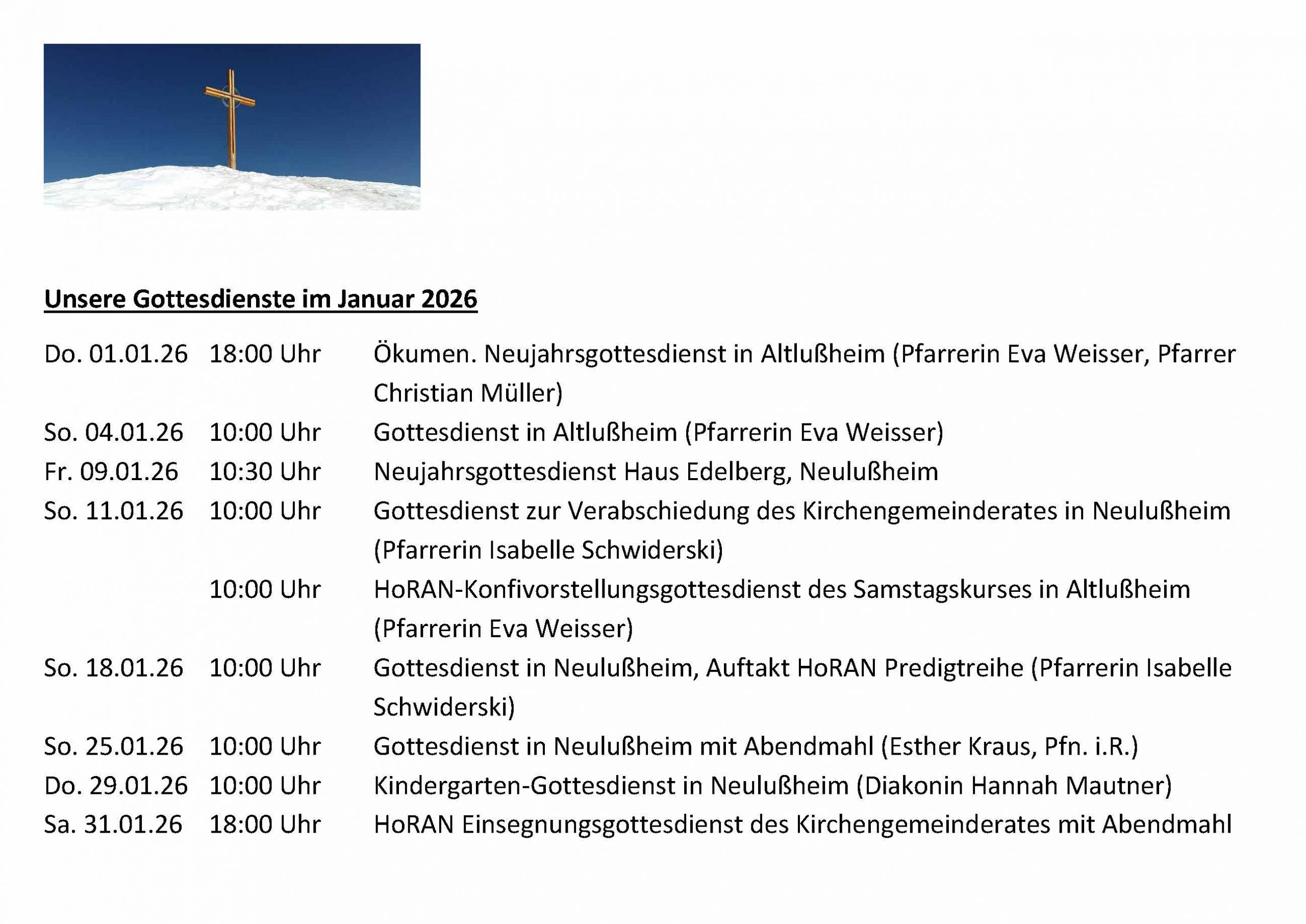 Unsere Gottesdienste im Januar 2026