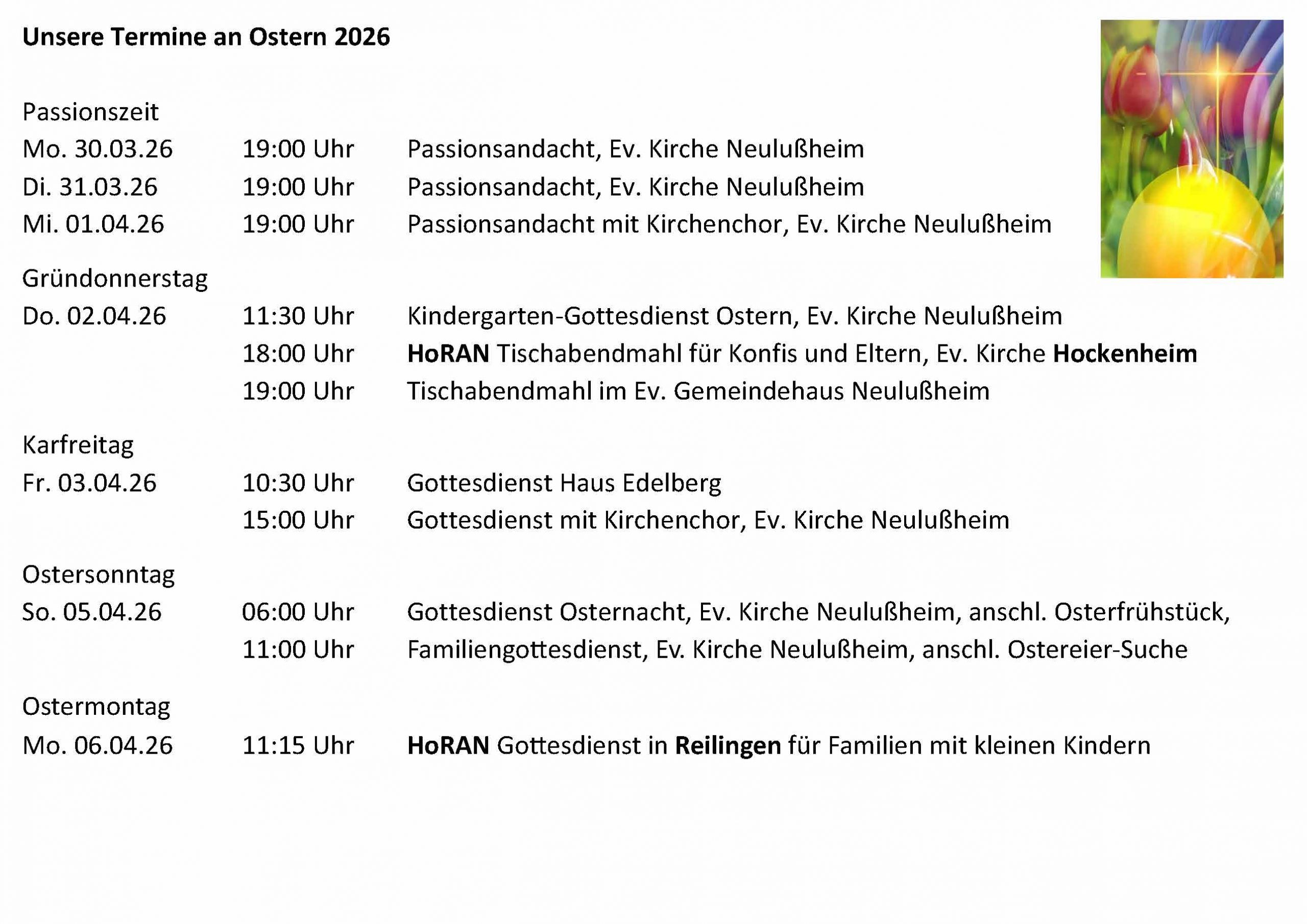 Unsere Gottesdienste Ostern 2026